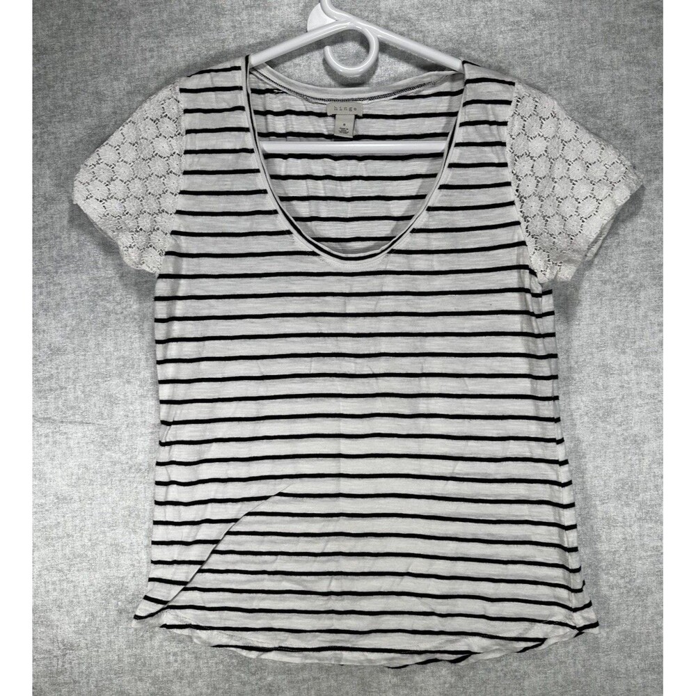Hinge Women's Small Top Short Sleeve Scoop Neck Lace Sleeves Navy/White Striped